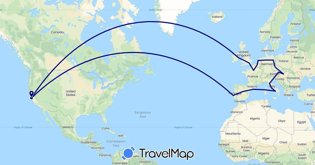 TravelMap itinerary: driving in Austria, Belgium, Czech Republic, Germany, Spain, France, United Kingdom, Hungary, Ireland, Italy, Netherlands, Portugal, United States (Europe, North America)